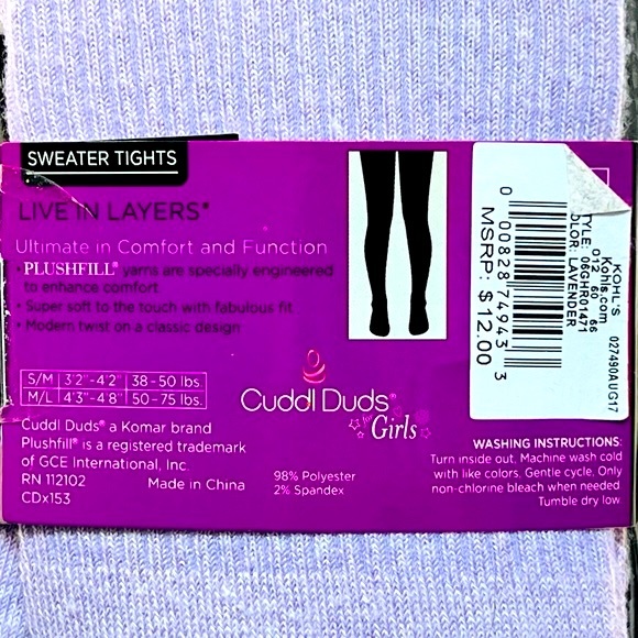 NWT Cuddl Duds Young Girls Lavender Purple Ribbed Sweater Tights, Small/Medium - Picture 4 of 12